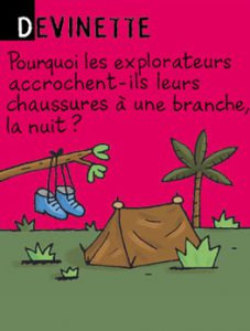 Devinette - Pourquoi les explorateurs accrochent-ils leurs chaussures à une branche, la nuit ? Réponse : pour ne pas trouver un éléphant dedans le matin.