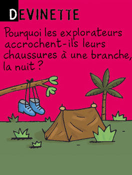 Devinette - Pourquoi les explorateurs accrochent-ils leurs chaussures à une branche, la nuit ? Réponse : pour ne pas trouver un éléphant dedans le matin.