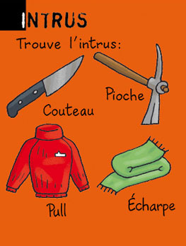 Intrus - Trouve l'intrus : couteau, pioche, pull ou écharpe ? Réponse : l'écharpe (elle n'a pas de manche).