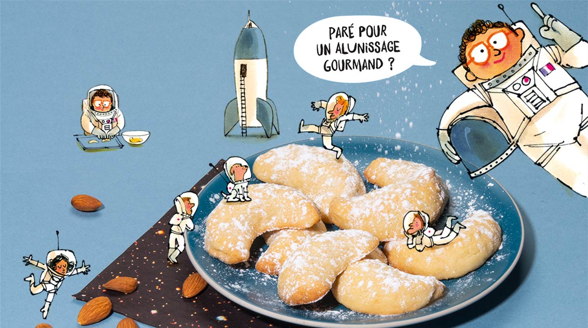 “Croissants de Lune”, Astrapi n°929, 1er juillet 2019. Recette : Bruno Muscat. Stylisme et réalisation : Julie Boogaerts. Photo : Benoît Teillet. Illustrations : Laurent Simon.