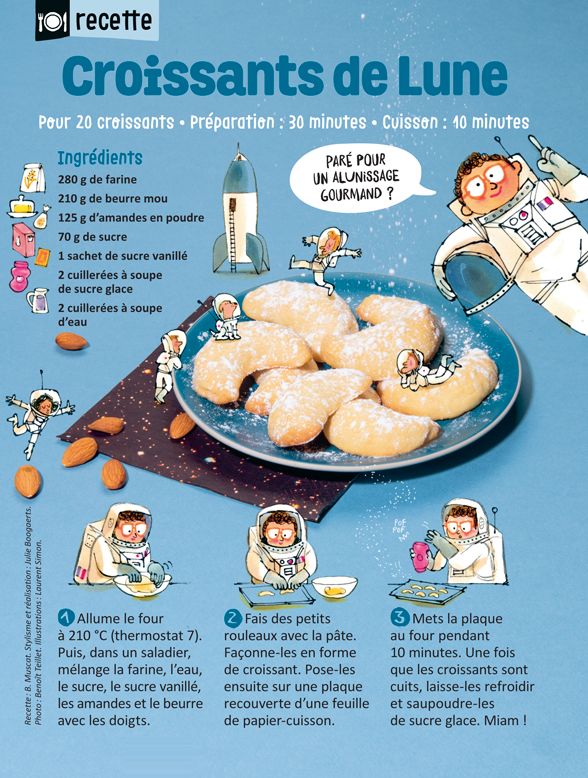 “Croissants de Lune”, Astrapi n°929, 1er juillet 2019. Recette : Bruno Muscat. Stylisme et réalisation : Julie Boogaerts. Photo : Benoît Teillet. Illustrations : Laurent Simon.