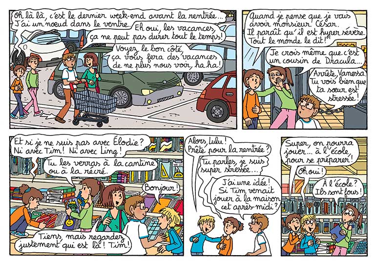 “Une super rentrée avec Lulu et ses copains”, Astrapi n°931, 1er septembre 2019. Texte : Sophie Furlaud. Illustrations : Marylise Morel, d’après des personnages créés par Bernadette Després. Couleurs : Laurence Croix.