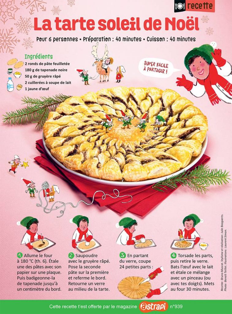 “La tarte soleil de Noël”, Astrapi n°960, 15 décembre 2020. Recette : Bruno Muscat. Stylisme et réalisation : Julie Boogaerts. Photo : Benoît Teillet. Illustrations : Laurent Simon.