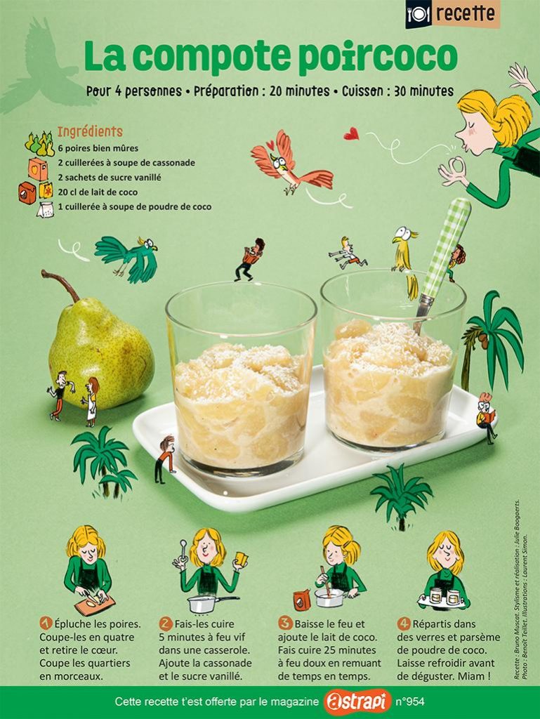 “La compote poircoco”, Astrapi n°954, 15 septembre 2020. Recette : Bruno Muscat. Stylisme et réalisation : Julie Boogaerts. Photo : Benoît Teillet. Illustrations : Laurent Simon.