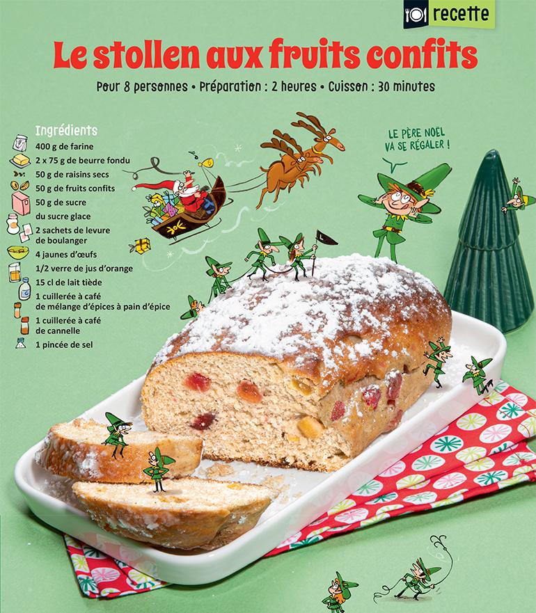 “Le stollen aux fruits confits”, Astrapi n°959, 1er décembre 2020. Recette : Bruno Muscat. Stylisme et réalisation : Julie Boogaerts. Photo : Benoît Teillet. Illustrations : Laurent Simon.