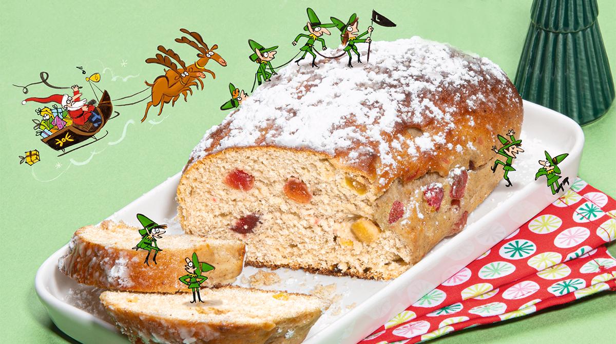 “Le stollen aux fruits confits”, Astrapi n°959, 1er décembre 2020. Recette : Bruno Muscat. Stylisme et réalisation : Julie Boogaerts. Photo : Benoît Teillet. Illustrations : Laurent Simon.