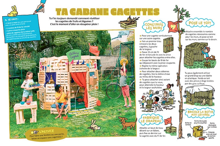 Ta cabane cagettes, extrait de l'article Fabrique ta cabane !, Astrapi n°1018, 1er août 2023. Illustrations : Mathieu De Muizon.