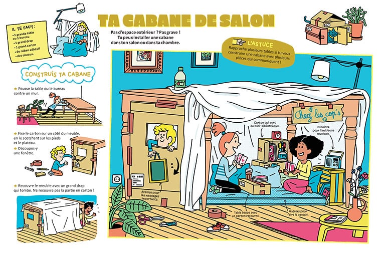 Ta cabane de salon, extrait de l'article Fabrique ta cabane !, Astrapi n°1018, 1er août 2023. Illustrations : Mathieu De Muizon.