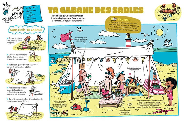 Ta cabane des sables, extrait de l'article Fabrique ta cabane !, Astrapi n°1018, 1er août 2023. Illustrations : Mathieu De Muizon.