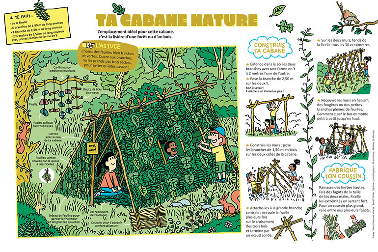 Ta cabane nature, extrait de l'article Fabrique ta cabane !, Astrapi n°1018, 1er août 2023. Illustrations : Mathieu De Muizon.