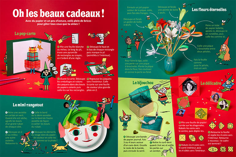 Les cadeaux. Un Noël tout en papier !, Astrapi n°1025, 1er décembre 2023. Photo : Benoît Teillet. Illustrations : Mathieu de Muizon.