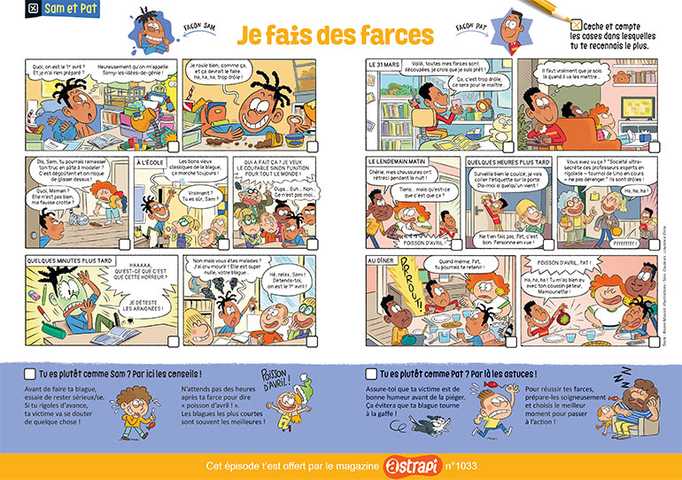 Sam et Pat font des farces. Le magazine Astrapi n°1033 du 1er avril.